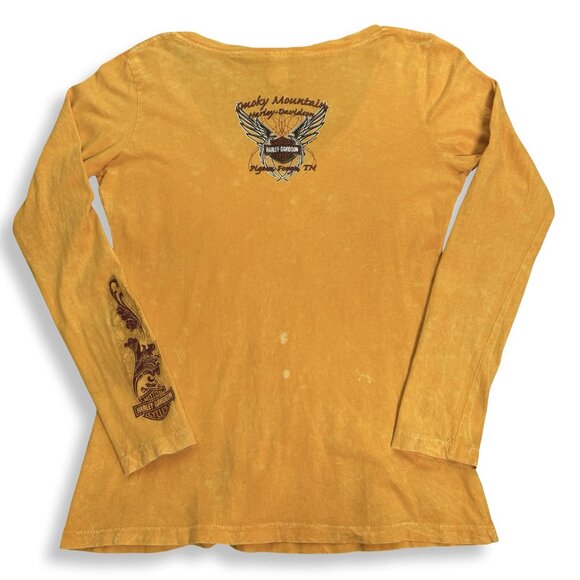 Harley-Davidson Shirt‎ Womens L Gold V-Neck Long Sleeve Smoky Mtn Pigeon Forge - Picture 2 of 11